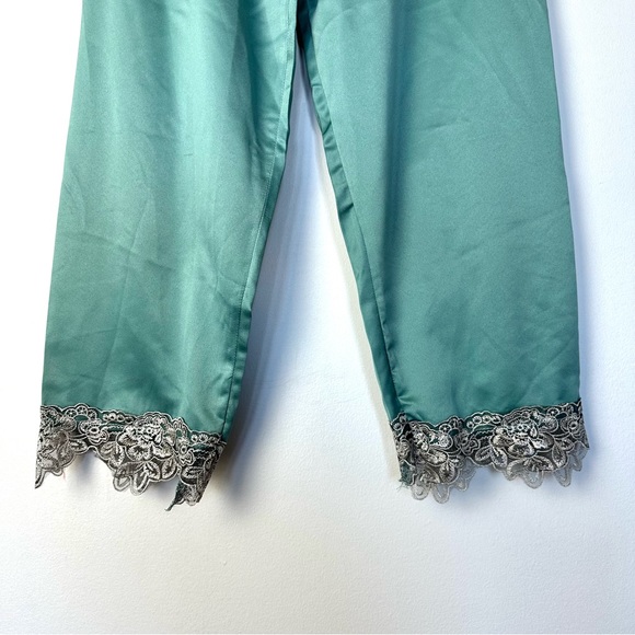 Vintage Teal Satin Elastic Waist Lace Trim Sleepwear Lounge Pants - Picture 3 of 4